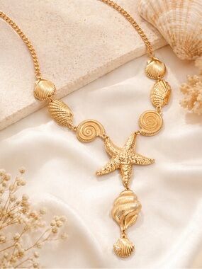 Gold Starfish and Seashell Pendant Necklace - Women Jewelry